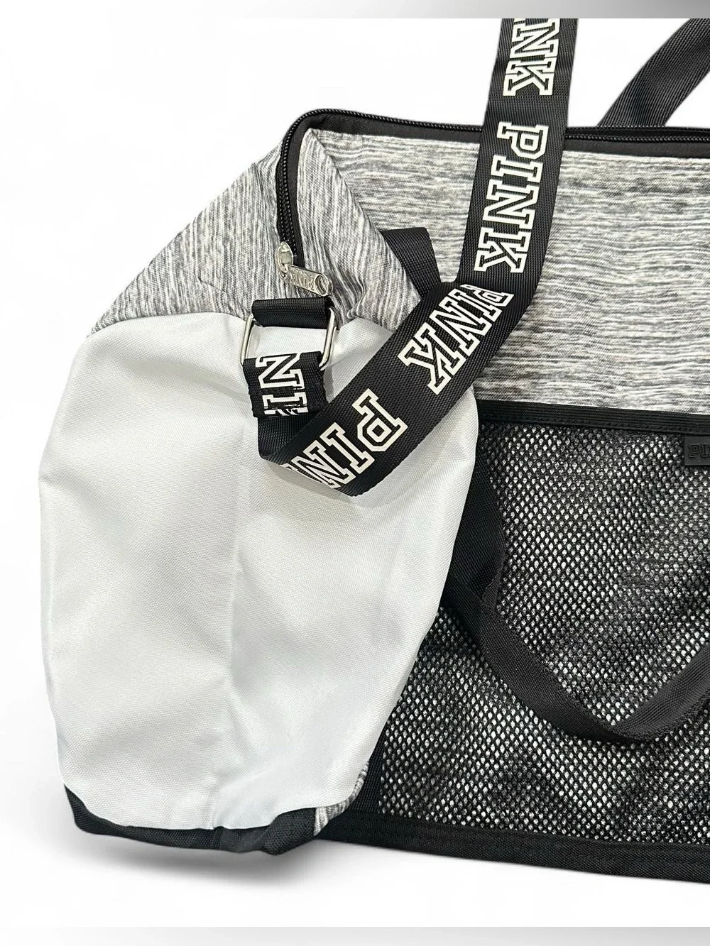PINK Victoria's Secret Gray & Black Duffel Bag with Branded Strap